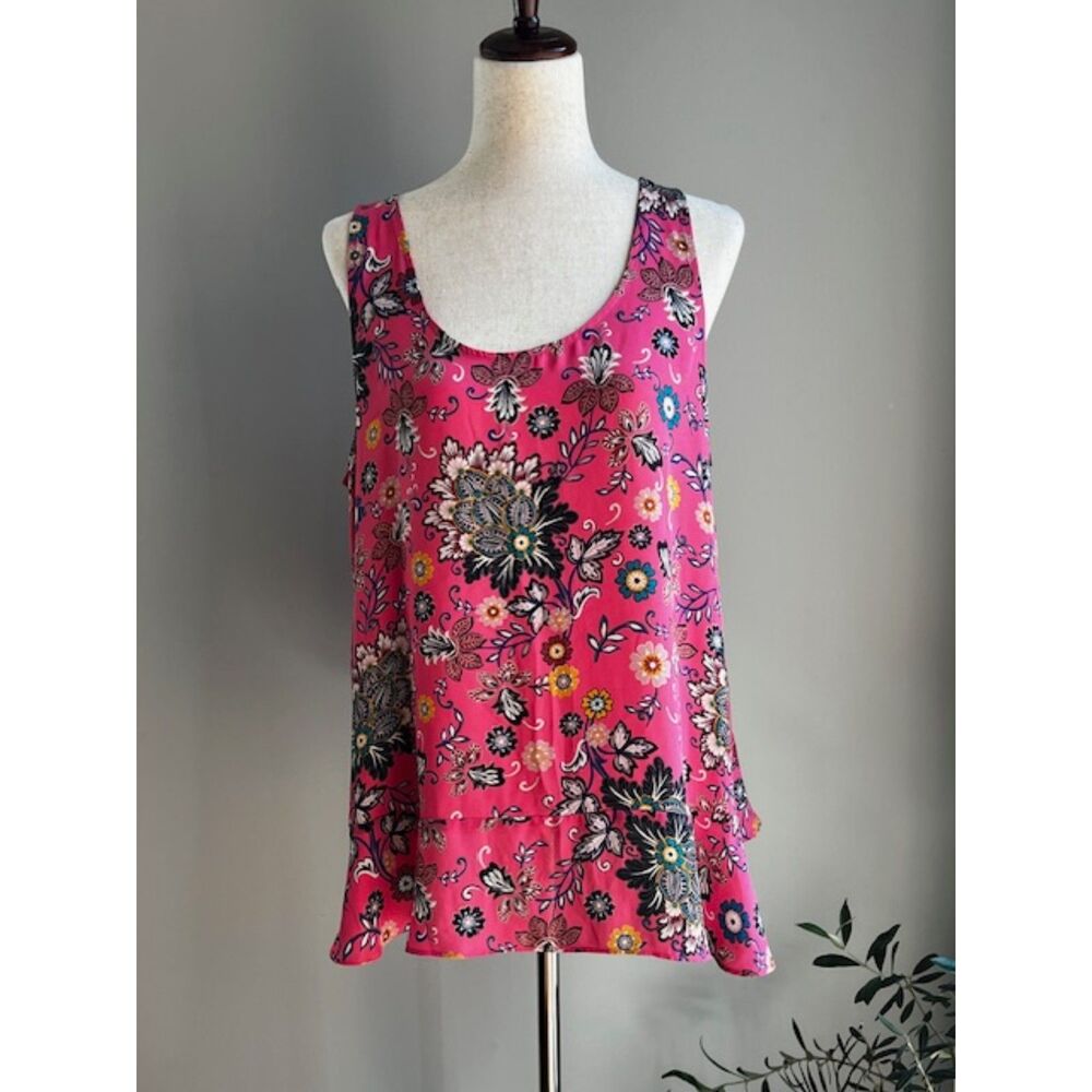 Loft Women's Sleeveless Round Neck  Pink Mixed  Floral Flounce Top LIKE NEW!